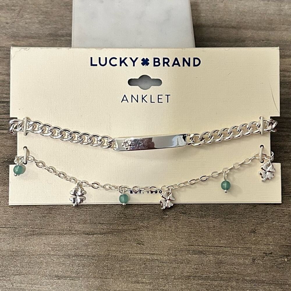 Lucky Brand Anklet Set silver tone 4 leaf clover #J33 New on Card. Two Anklets